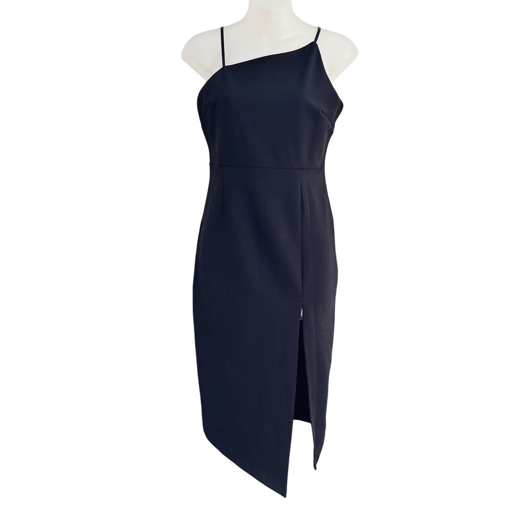 Just Quella Black One Shoulder Midi‎ Dress Asymmetrical Hem Split Size S